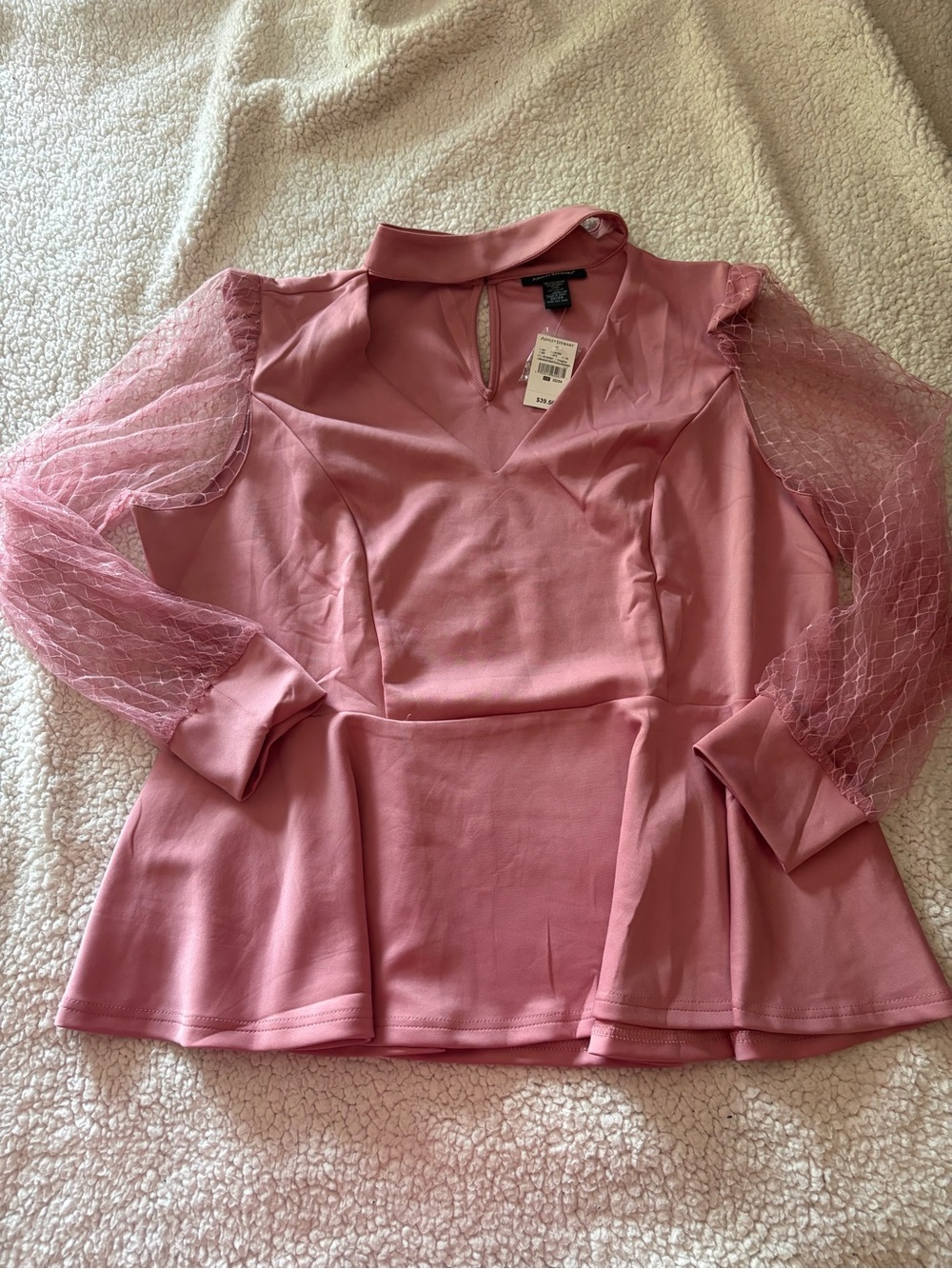 Ashley Stewart Pink Peplum Blouse with Sheer Lace Sleeves